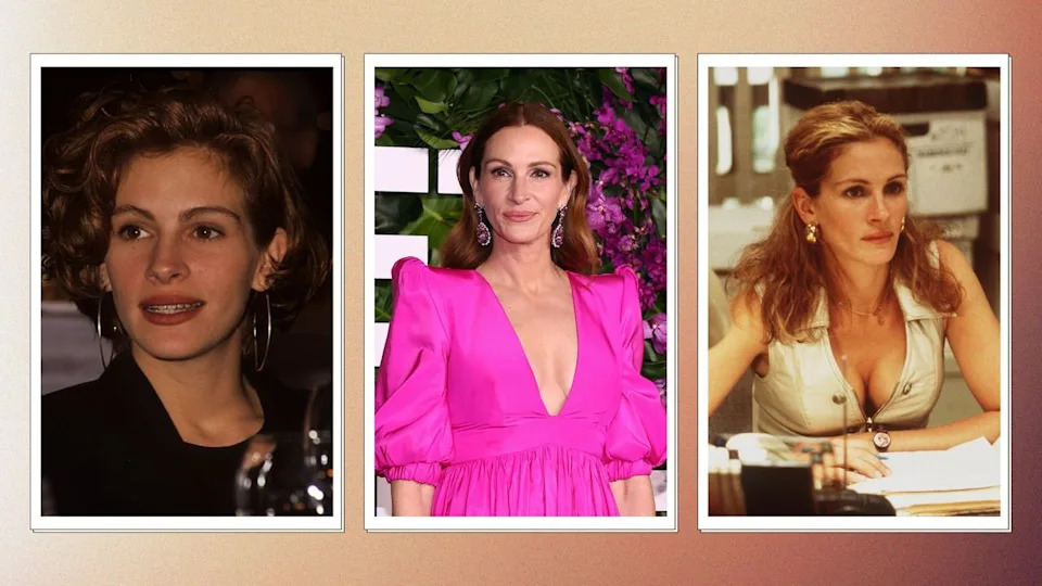  Three of Julia Roberts's best beauty looks on a warm brown ombre background. 