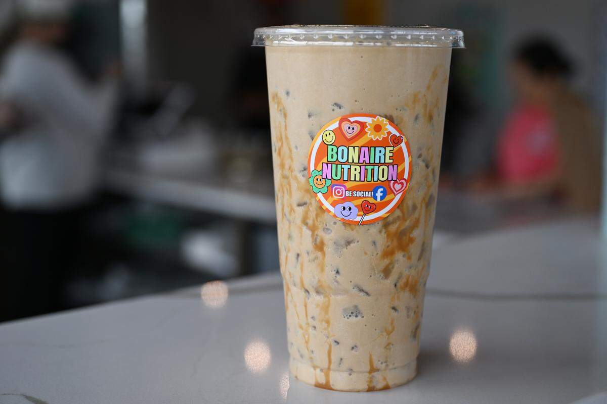 The banana caramel protein coffee from Bonaire Nutrition is one of the shop’s most popular menu items and features 24 grams of protein.