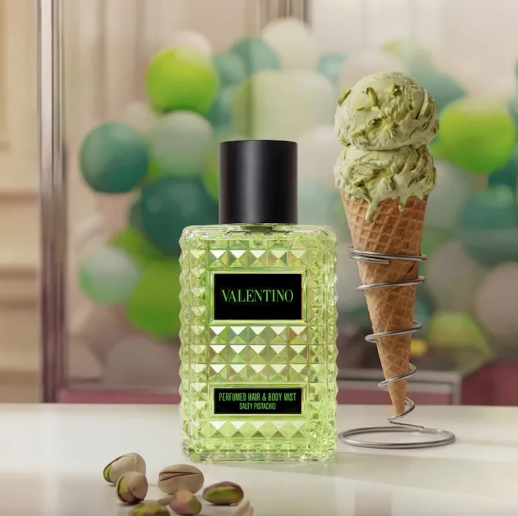 The Salty Pistachio hair & body mist by Valentino Beauty.