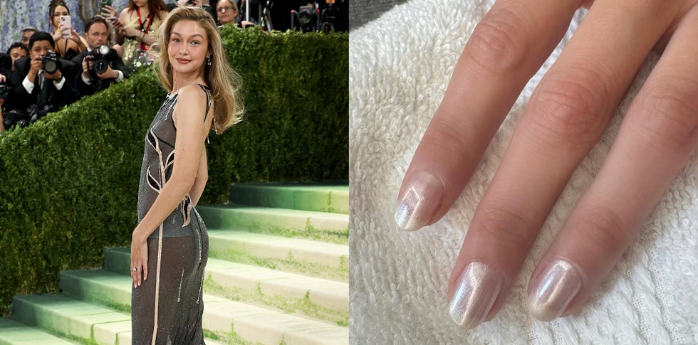 A split image featuring a fashion event attendee and a close-up of manicured nails.
