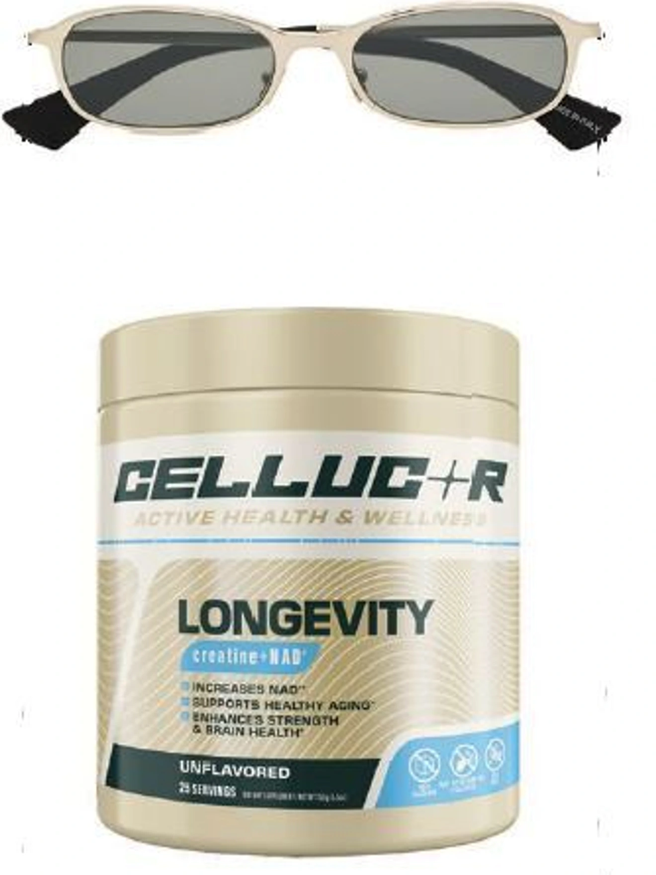 Saint Laurent by Anthony Vaccarello, sunglasses, ysl.com; Cellucor, Cellucor Longevity, cellucor.com PHOTO COURTESY OF BRANDS