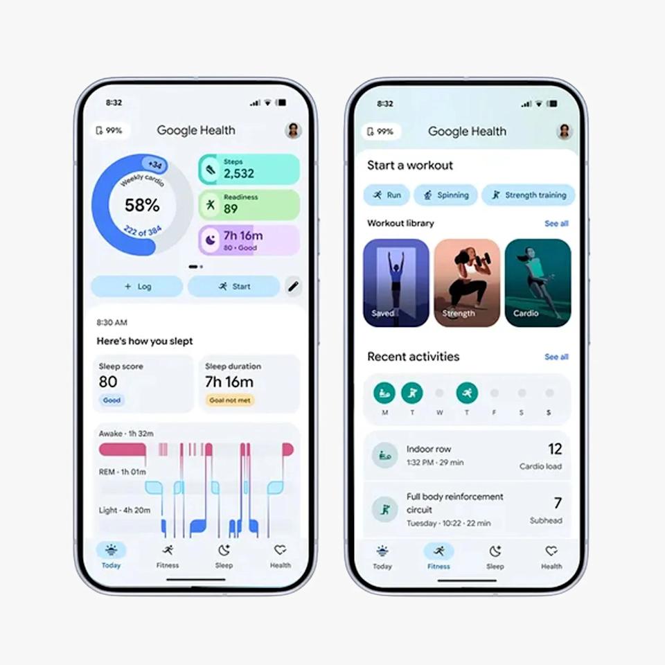 Two smartphones displaying Google Health app screens showing sleep data, workout options, and recent activities.