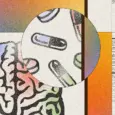 A brain juxtaposed with pills and rainbow textures