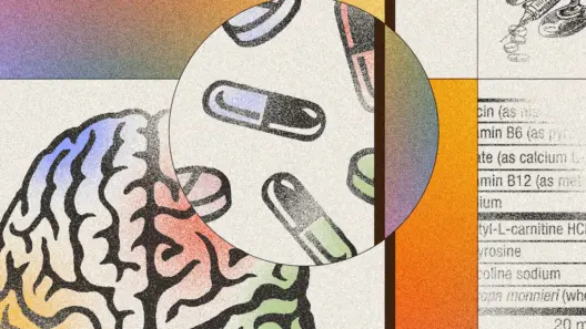 A brain juxtaposed with pills and rainbow textures
