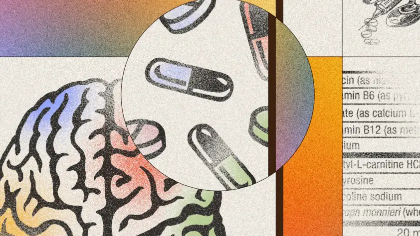 A brain juxtaposed with pills and rainbow textures