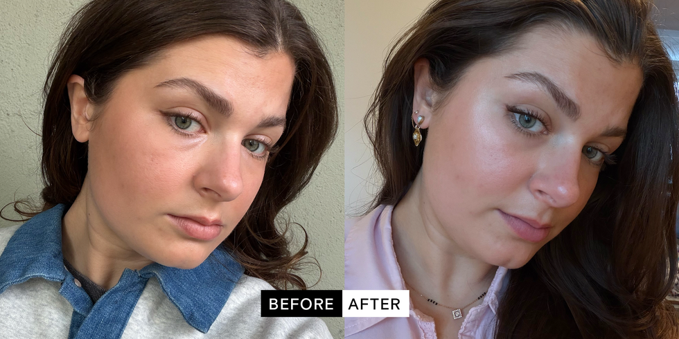 Comparison of two images showing a person's appearance before and after a change.
