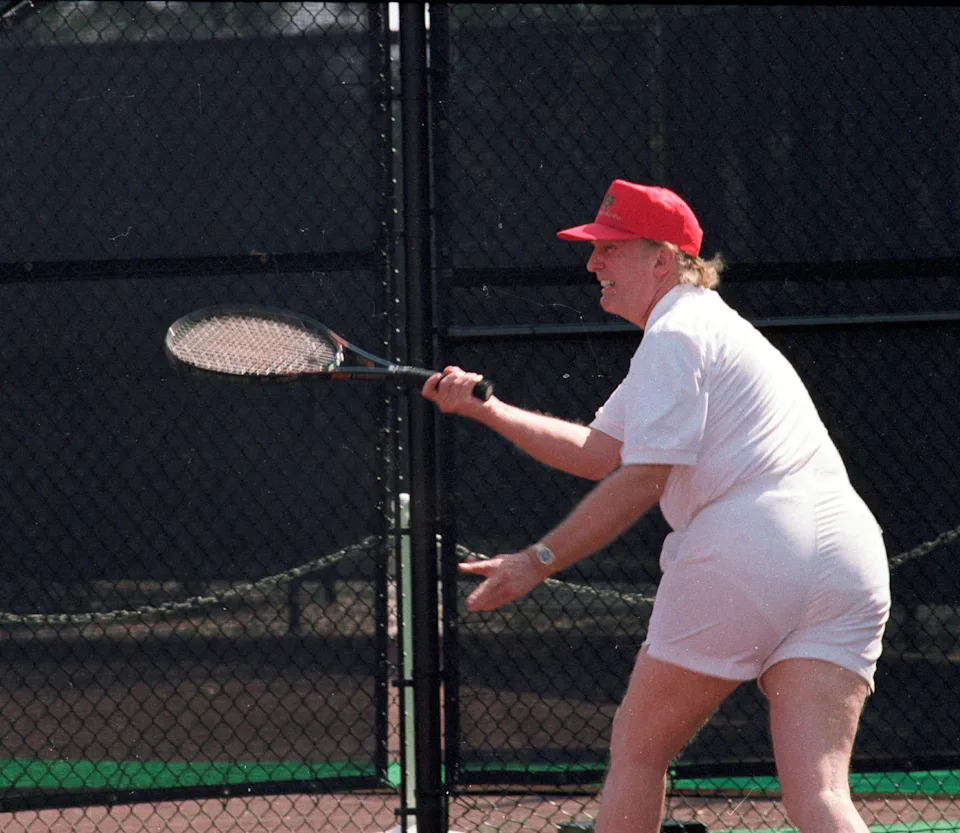 A particularly sweaty Trump getting after it on the tennis court in 2000. / Davidoff Studios Photography / Davidoff Studios/Getty Images