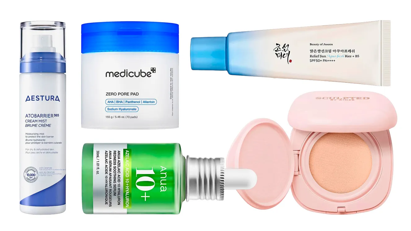 Collage of five Korean skincare products: a cream mist, pore pads, sunscreen, redness soothing serum, and cushion foundation.