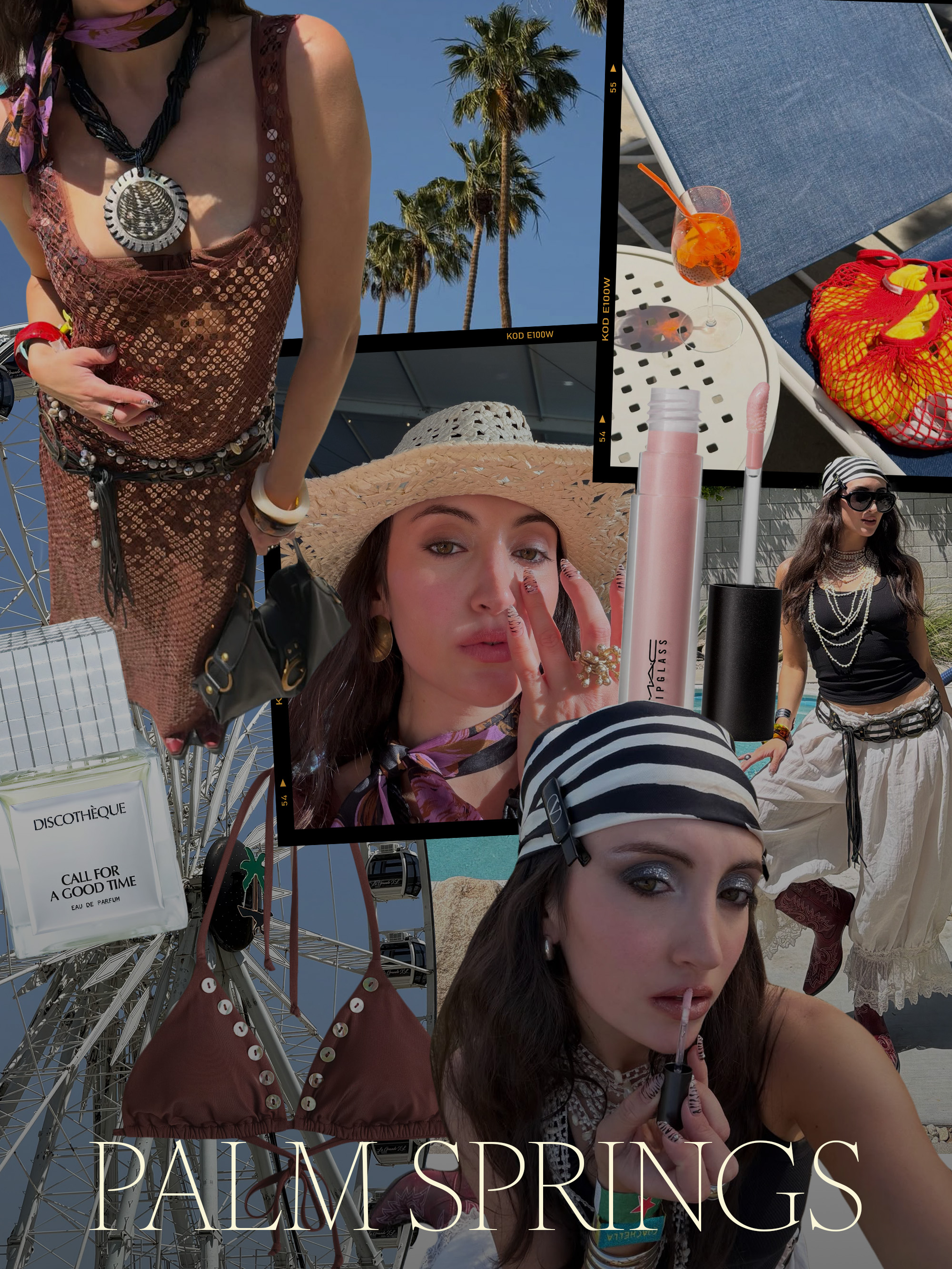 A collage of images of Alyssa Brascia in Palm Springs, overlaid with beauty products she packed and clothing she wore on the trip.