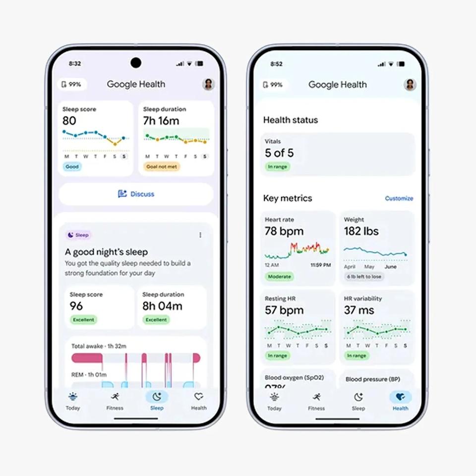 Two smartphones displaying Google Health app screens showing sleep score, duration, health status, heart rate, and weight metrics.