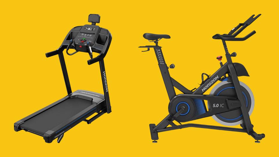 Collage of a Horizon Fitness treadmill and bike.