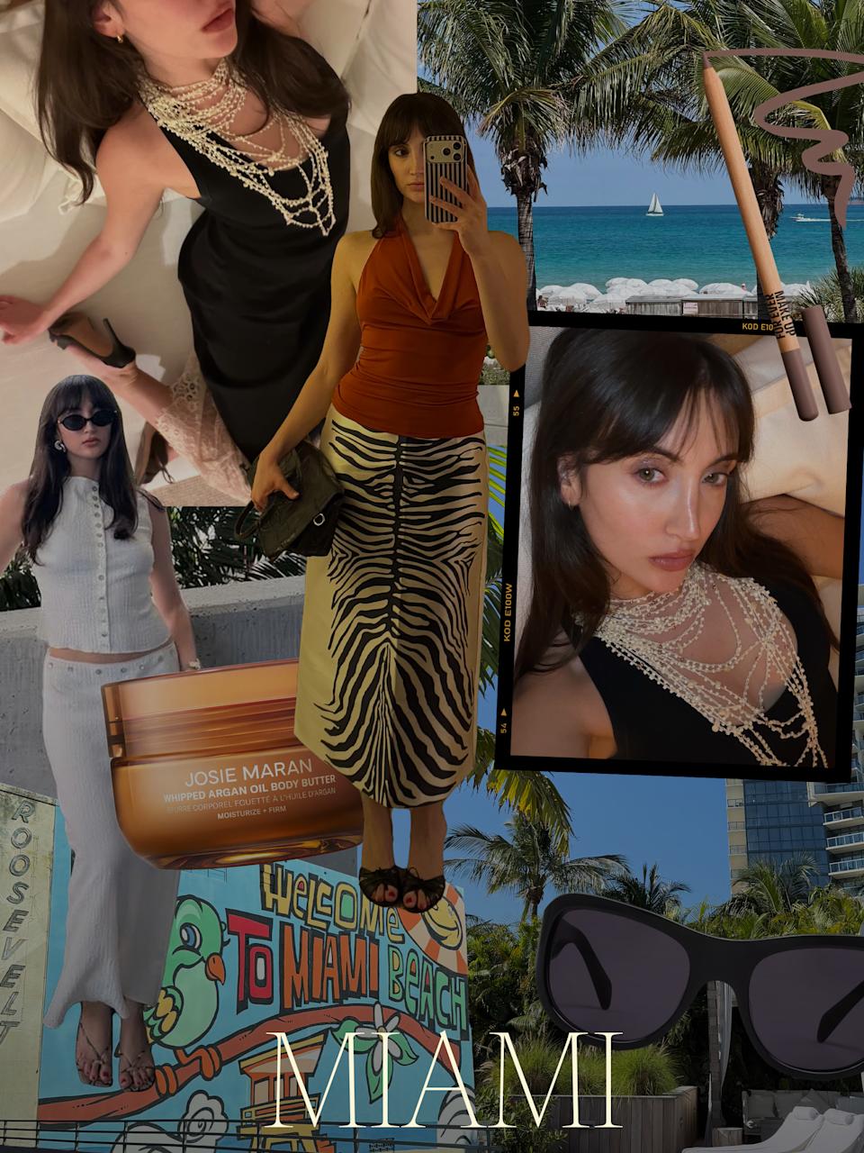 A collage of images of Alyssa Brascia in Miami, overlaid with beauty products she packed and clothing she wore on the trip.