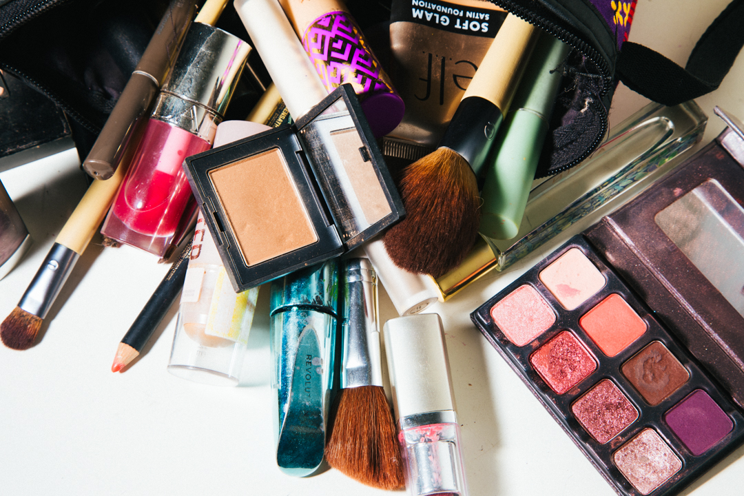 A pile of make up sits on a table on Sunday, April 19, 2026.