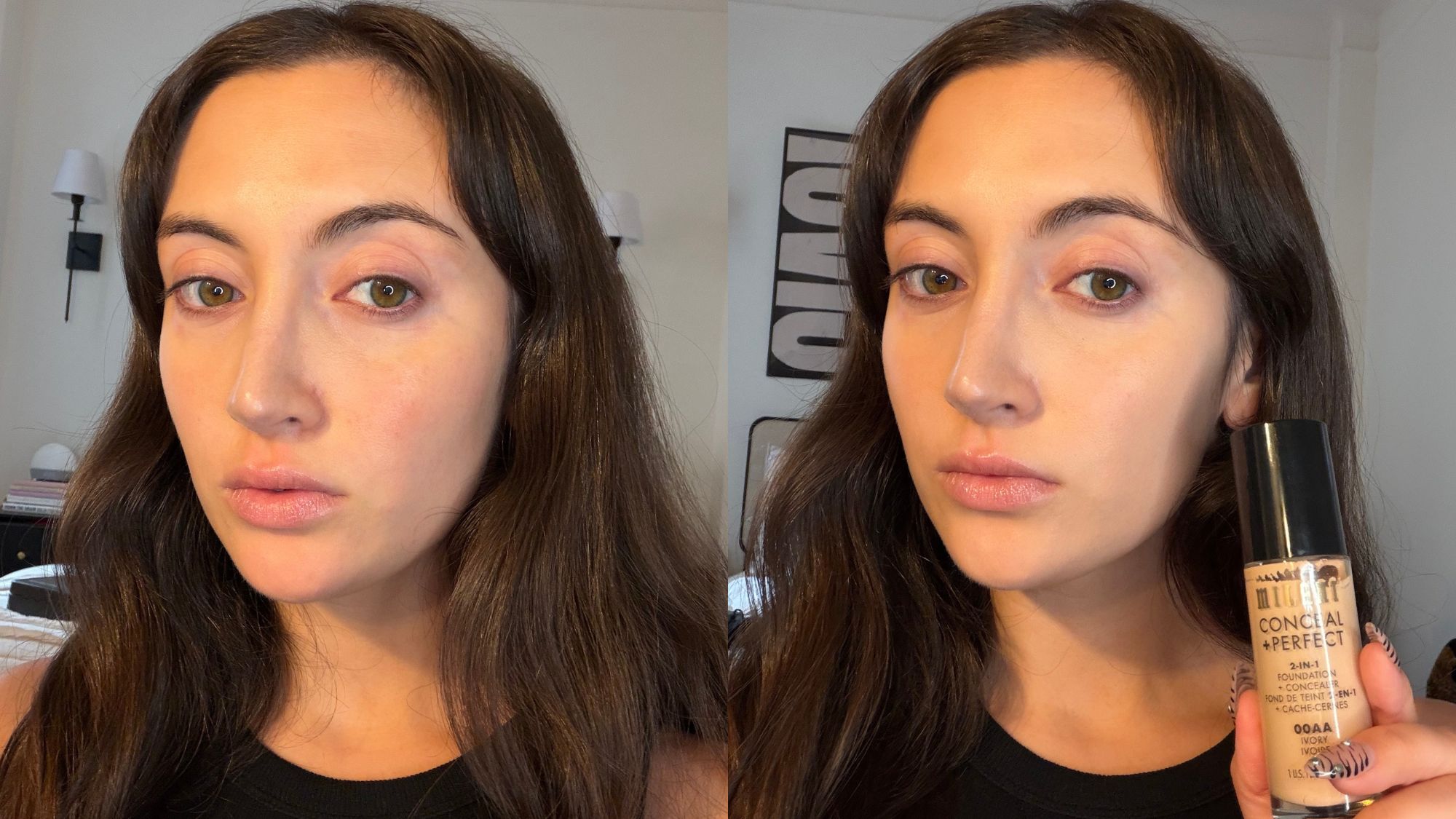 An image of Who What Wear associate beauty editor Alyssa Brascia before and after applying the Milani Conceal and Perfect 2-In-1 Foundation and Concealer.