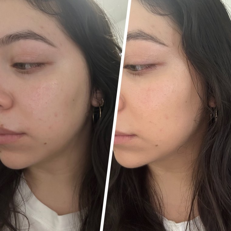 Colorscience Sunforgettable Total Protection Face Shield Flex SPF 50 before (left) and after (right) applicaton.