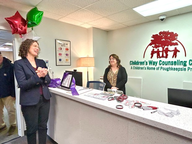 Ulster County Executive Jen Metzger speaks with a staff member at the Thursday, Jan. 15, 2026, opening of the Children's Way Counseling Center in Kingston, N.Y. (Photo provided by Metzger's office)