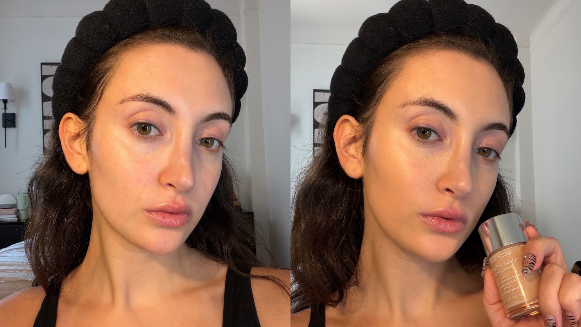 An image of Who What Wear associate beauty editor Alyssa Brascia before and after applying the Neutrogena Healthy Skin Foundation.