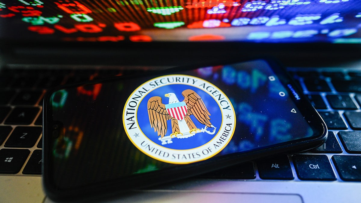US National Security Agency logo displayed on smartphone screen with stock market percentages in background