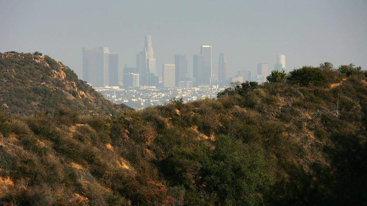 The downtown skyline stands beyond the dry Hollywood Hills May 14, 2007 in Los Angeles, California.
