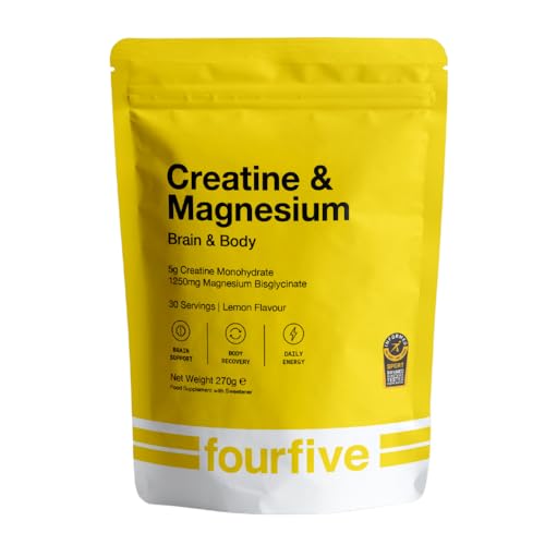 Fourfive Creatine & Magnesium Powder (creatine Monohydrate) Easy Dissolve & Vegan With Lemon Flavour, Strength Power & Recovery - 270g Pouch (30 Servings)