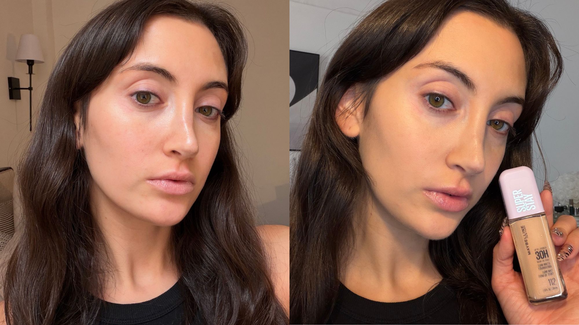 An image of Who What Wear associate beauty editor Alyssa Brascia before and after applying the Maybelline Super Stay Lumi-Matte Foundation.