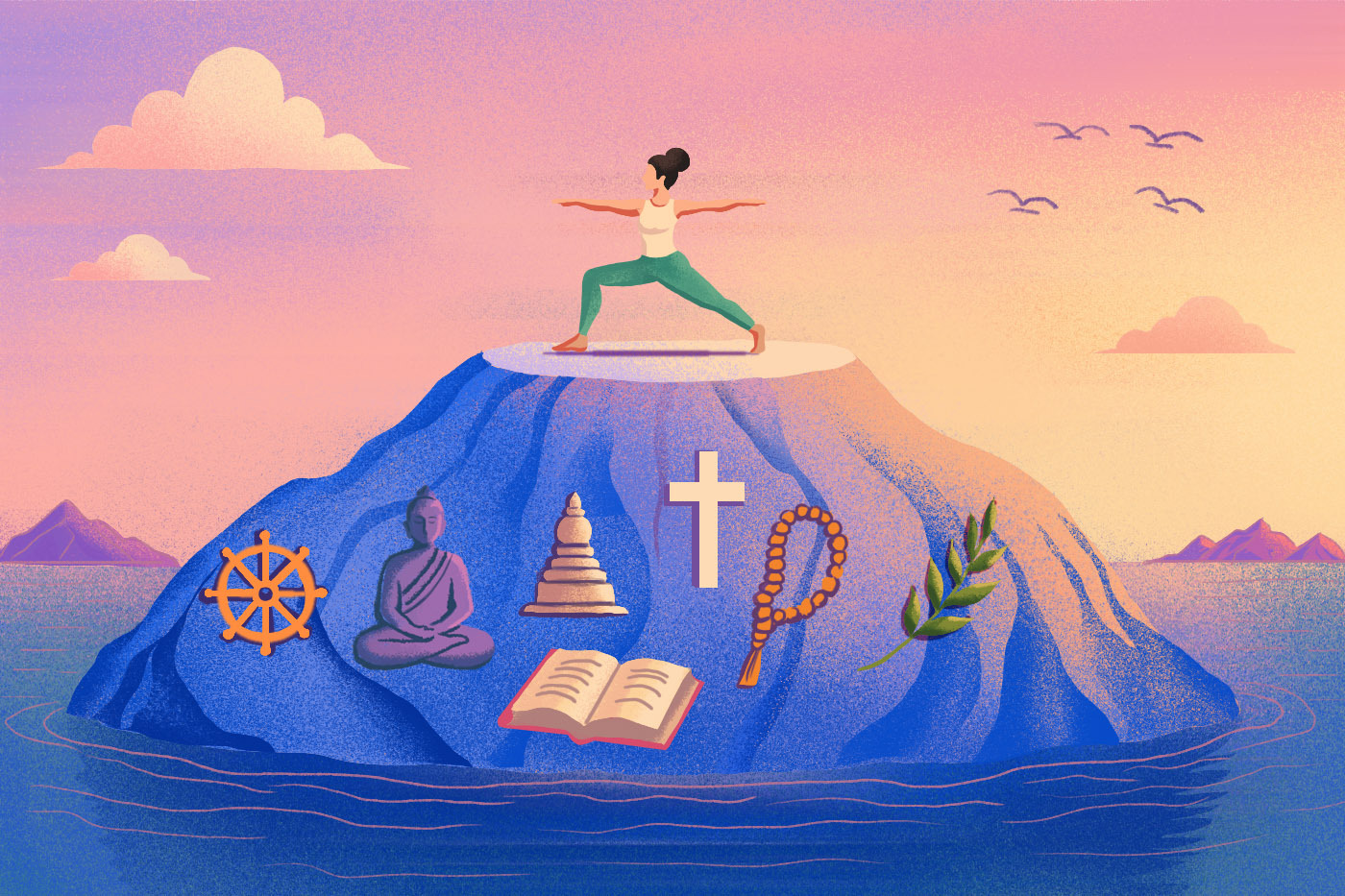 A colorful illustration depicts a person in a yoga post on the top of a mountain, with different religions symbols on the face of the mountain.