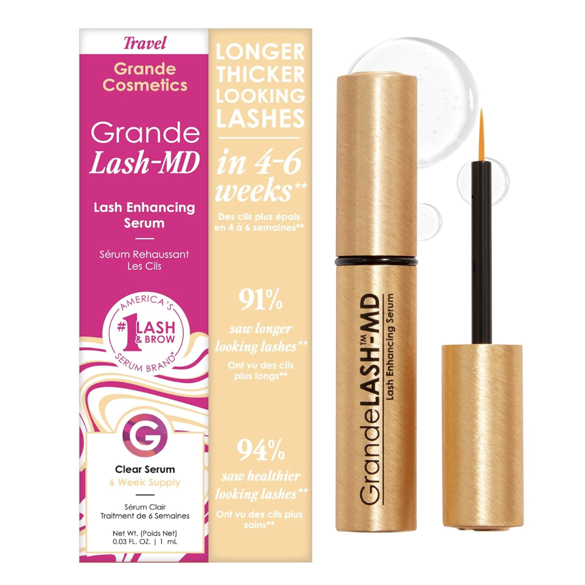 Grande Cosmetics Grandelash-Md Lash Enhancing Serum - Peptide & Vitamin Infused Formula for Longer, Thicker, Fuller Looking Lashes - Ophthalmologist Tested, Cruelty-Free, 6 Week Supply (1ml)