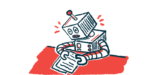 This machine learning illustration shows a robot analyzing papers on a table.