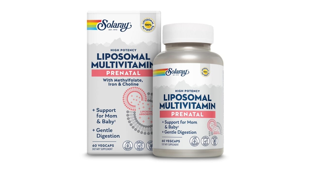 Alt text: Solaray liposomal prenatal vitamin dietary supplement packaging