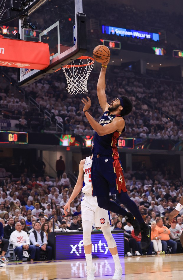The Cavaliers' Jarrett Allen goes to the basket against the Pistons on May 9. (Tim Phillis - For The News-Herald)