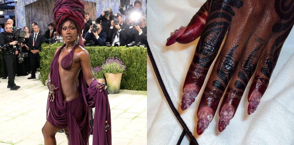 Fashionable individual in a striking outfit alongside close-up of intricately designed nails.