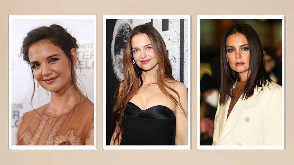  Three images of Katie Holmes wearing different beauty looks on a beige background. 