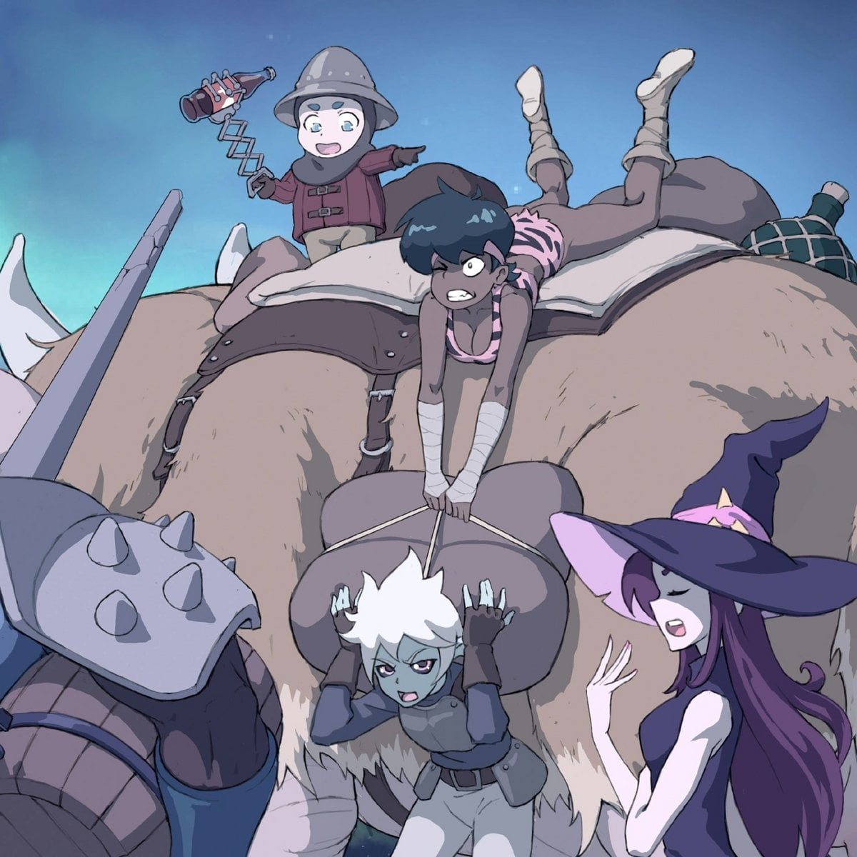 And adventuring party struggling to get their supplies on a giant ox-like pack animal