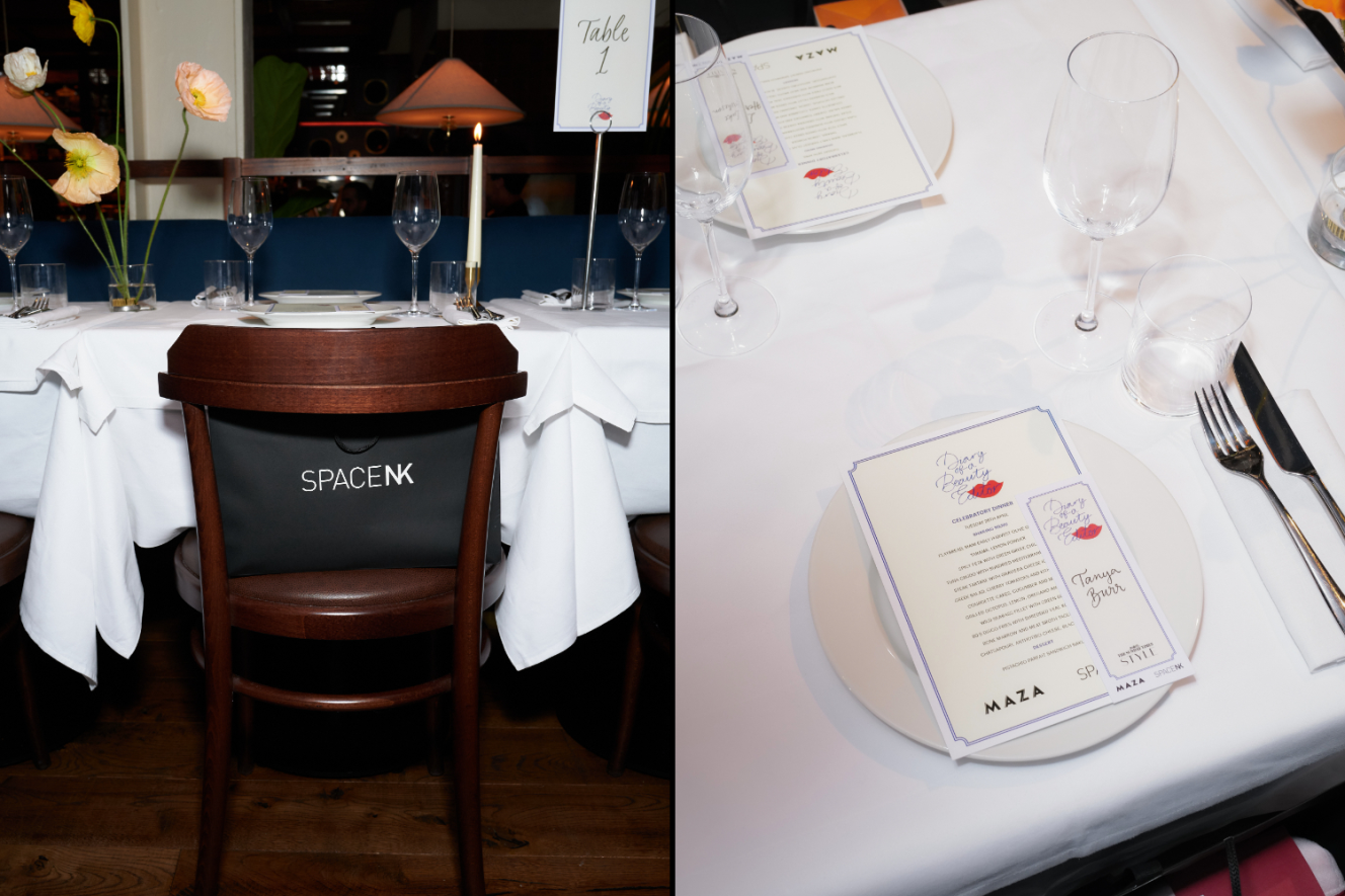 A collage of a dining table set for a "Diary of a Beauty" celebratory dinner, with a chair draped with a "SPACE NK" bag.