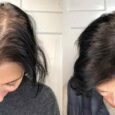 Before and after view of gray roots and darker hair after a coffee rinse for temporary gray hair coverage