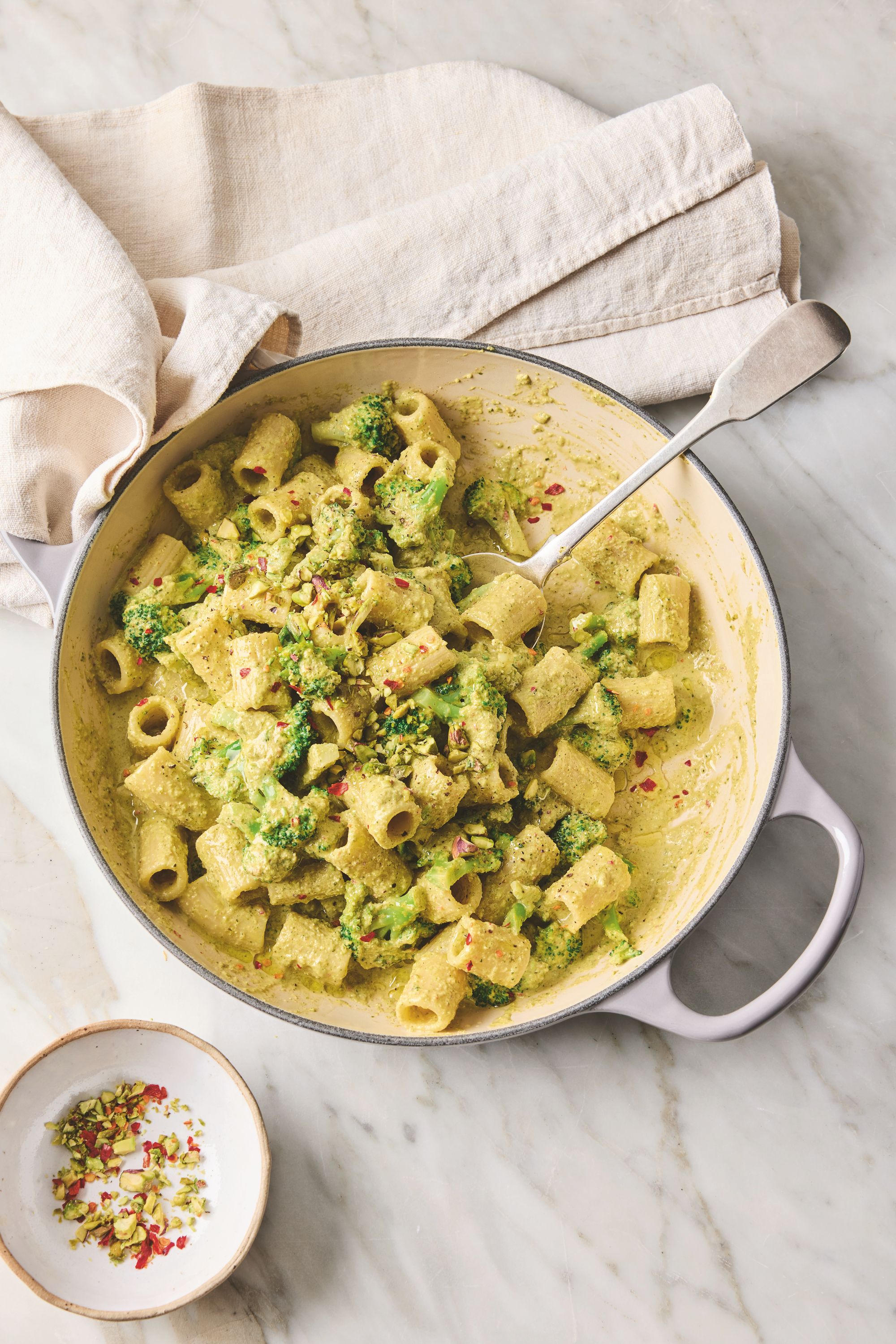 Blended broccoli and pistachios make a bright, creamy pesto that sneaks in extra greens