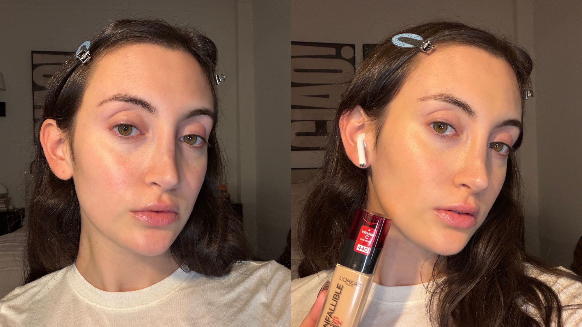 An image of Who What Wear associate beauty editor Alyssa Brascia before and after applying the L’Oréal Infallible 32H Fresh Wear Foundation.