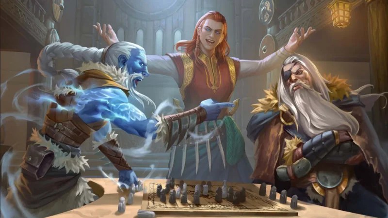 Official art from the Northlands Worldbook on D&D Beyond, featuring two male gods arguing in a great wooden hall while a female god tries to intervene.