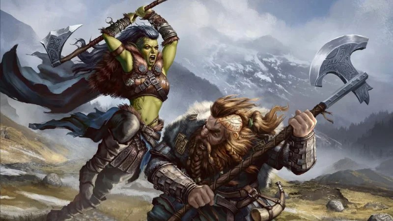 Official art from the Northlands Worldbook on D&D Beyond, featuring a female orc Viking warrior battling a male dwarf Viking warrior - both of whom are wielding axes.