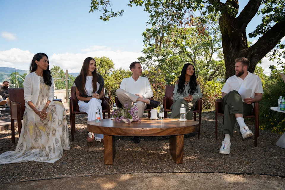 A group of people sitting outdoors on chairs around a wooden table, engaged in conversation, with trees and a clear sky in the background.