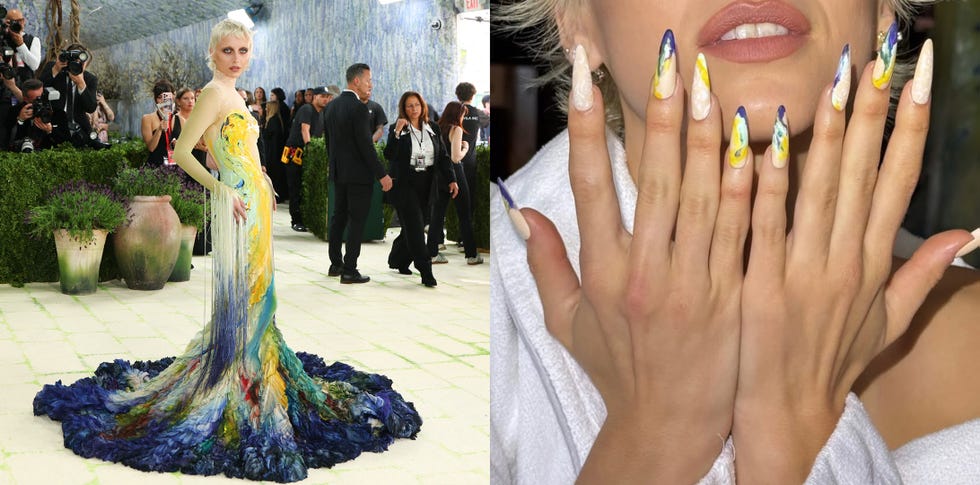 Fashion event with a model in a colorful dress and a close-up of decorated nails.