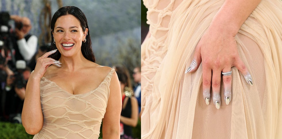 Individual showcasing a stylish outfit at a high-profile event, with a close-up view of unique nail art.