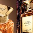 two close up shots of guerlain vanille planifolia perfume in an amber-colored bottle with a gold cap; buy viral perfume from guerlain