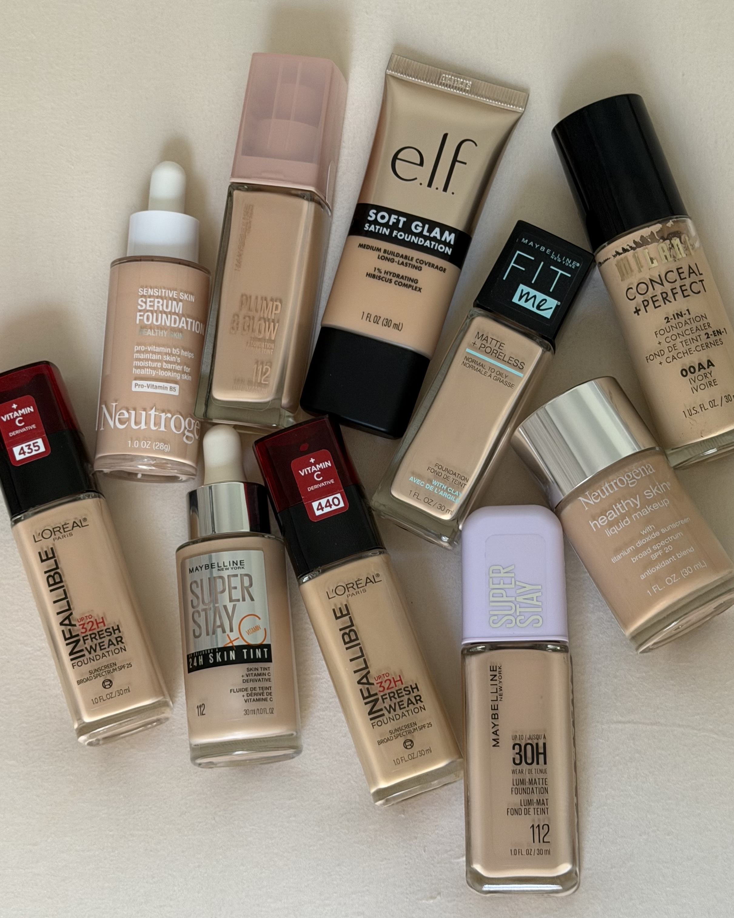 The pile of drugstore foundations Who What Wear associate beauty editor Alyssa Brascia tested for a week.