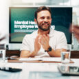 HR meeting and mental wellbeing with business people in boardroom of office