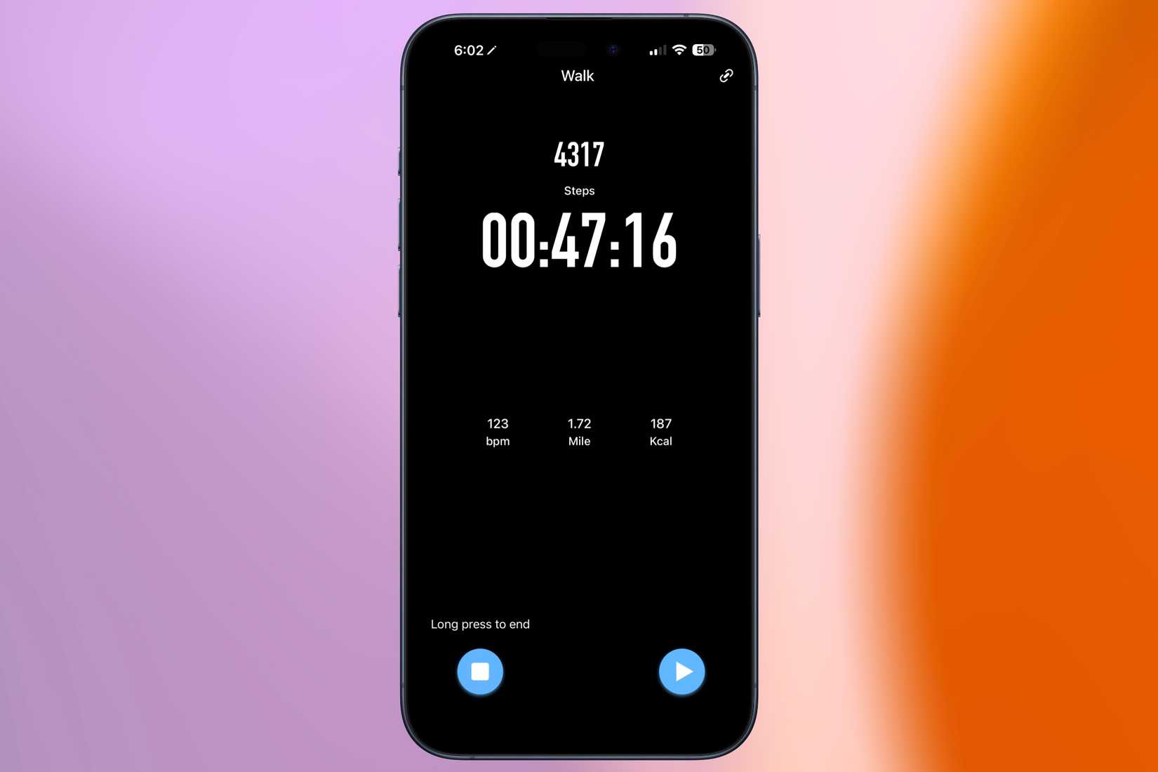 Walking workout being recorded in Qiunhang's app on an iPhone in front of a colorful background.