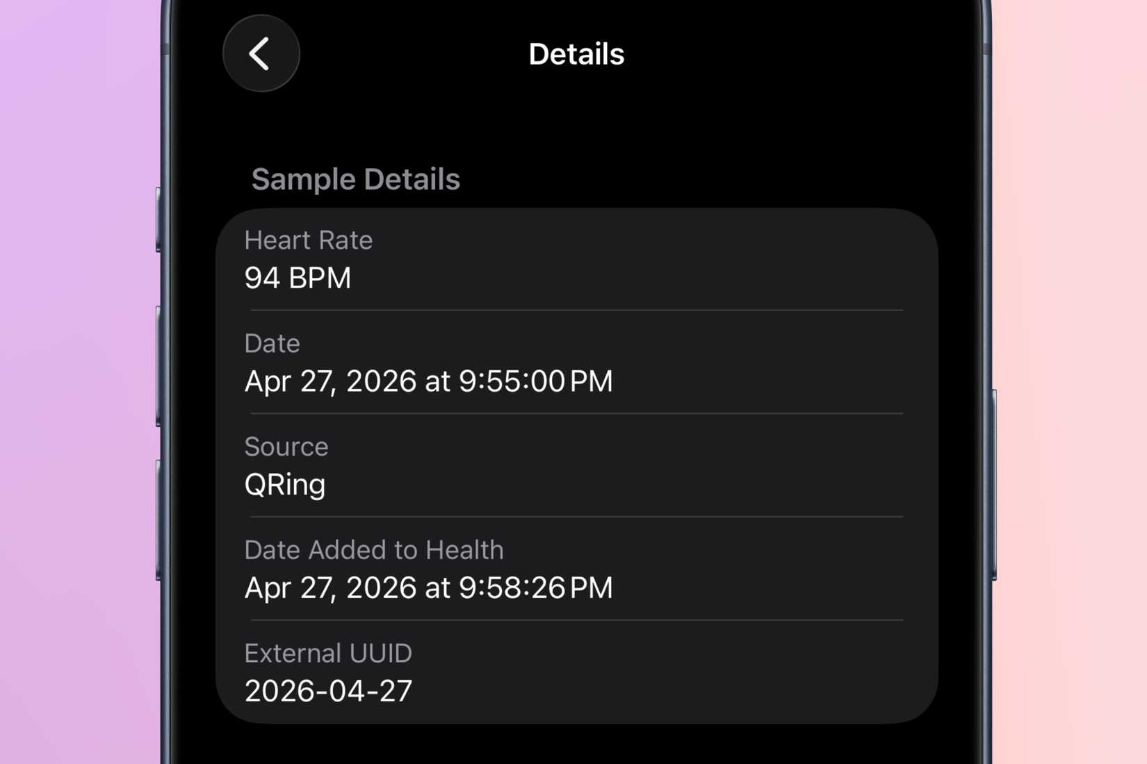 Heart rate data from Health Data from Qiunhang Smart Bracelet Fitness Tracker synced to Apple Health app on iPhone in front of a colorful background.