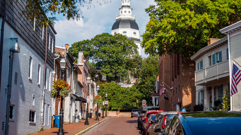 The Naval Academy's chapel rises above a historic street in Annapolis, Maryland