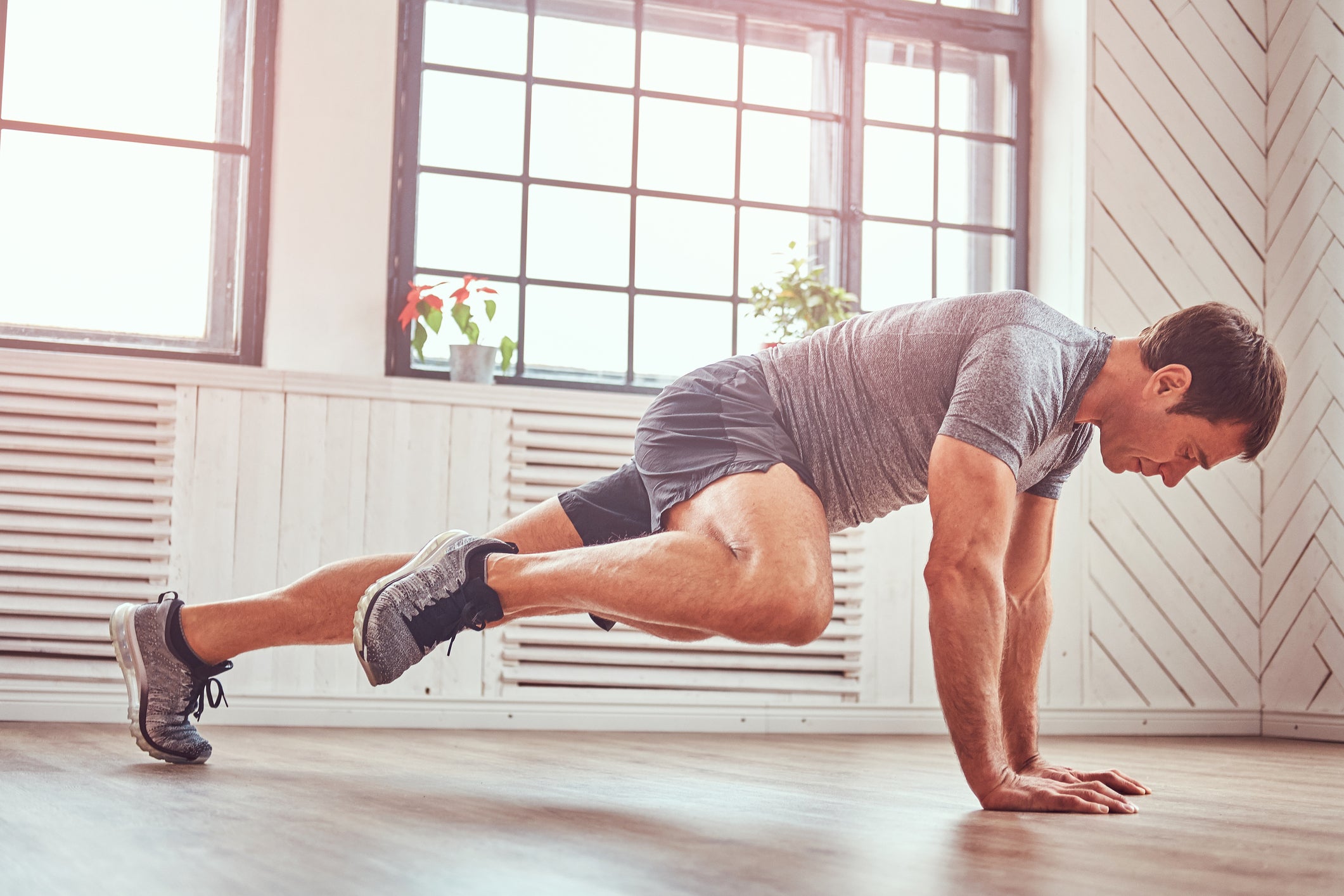 The press-up is a great way to strengthen your chest, shoulders and triceps without any equipment – and there are plenty of variations to adjust the difficulty, such as the spiderman press-up demonstrated here