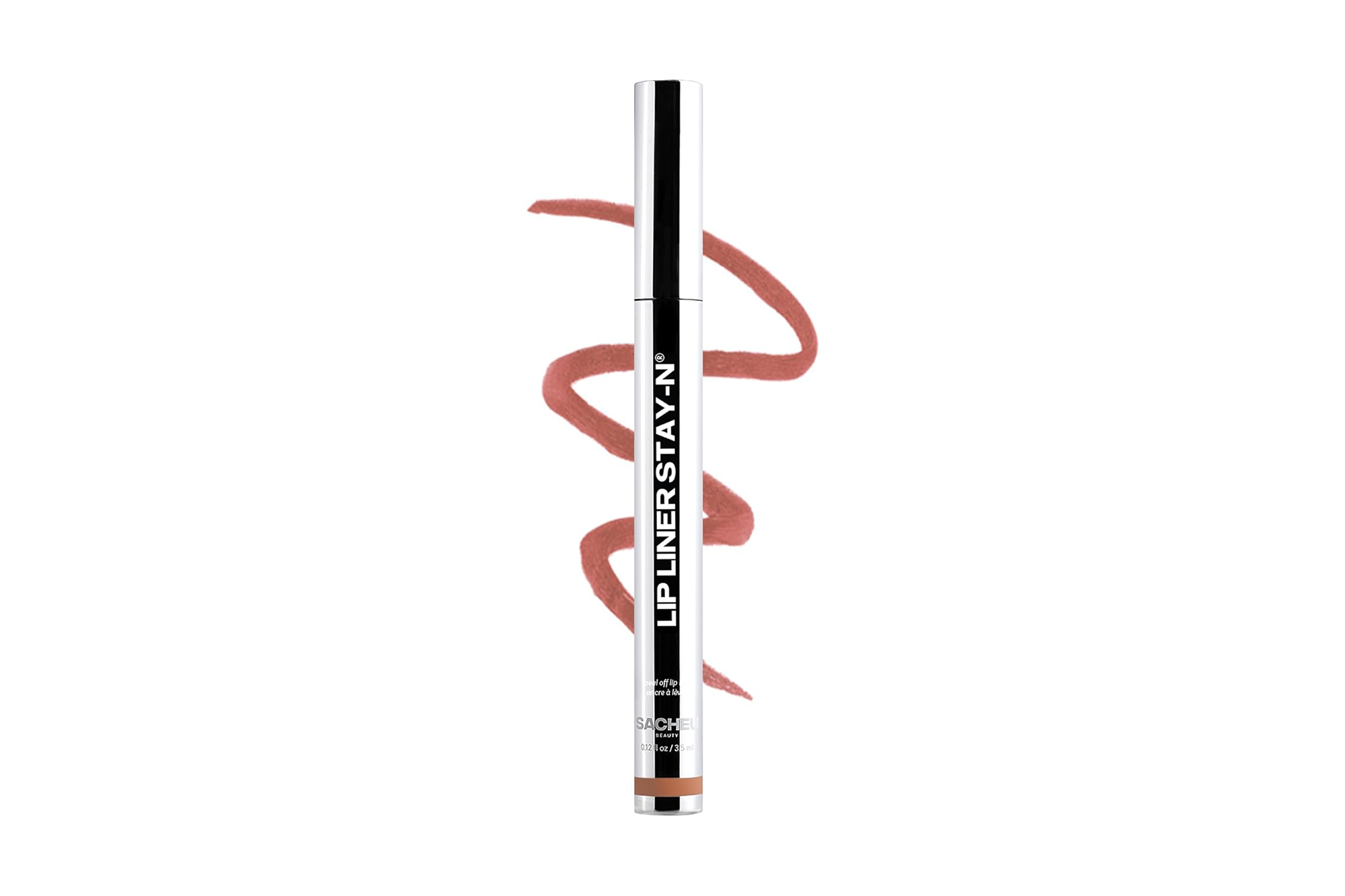 Lip Liner Stay-N by Sacheu Beauty, a peach-colored lip liner in a silver tube, with a swatch of the liner in the background.